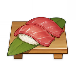 artist_request commentary english_commentary fish food food_focus genshin_impact leaf lowres no_humans official_art rice shiny still_life sushi third-party_source transparent_background tuna wood
