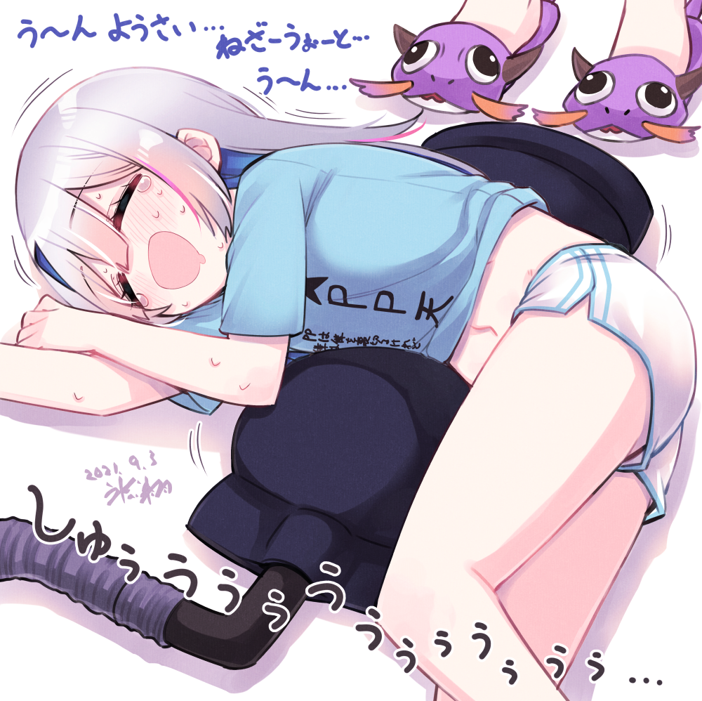 2girls amane_kanata blue_shirt blush closed_eyes clothes_writing commentary_request dated drooling hikawa_shou hololive kiryu_coco long_hair lying multicolored_hair multiple_girls navel on_side open_mouth pink_hair shirt short_shorts short_sleeves shorts silver_hair simple_background sweat t-shirt tears thighs translation_request two-tone_hair virtual_youtuber white_background white_shorts