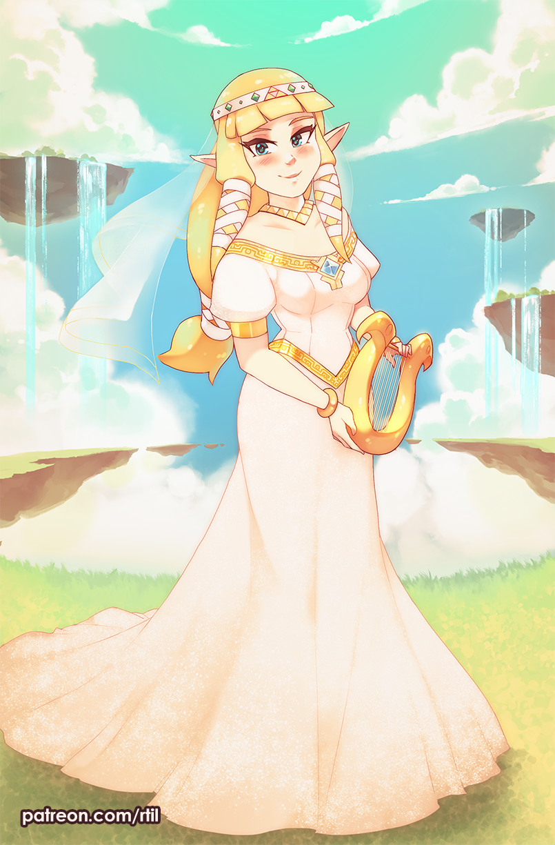 1girl aqua_eyes bangs blonde_hair blunt_bangs blush breasts bridal_veil bride clouds commentary day dress english_commentary floating_island full_body grass highres long_dress long_hair looking_at_viewer lyre medium_breasts outdoors patreon_username pointy_ears princess_zelda puffy_short_sleeves puffy_sleeves rtil short_sleeves smile solo the_legend_of_zelda the_legend_of_zelda:_skyward_sword veil wedding_dress