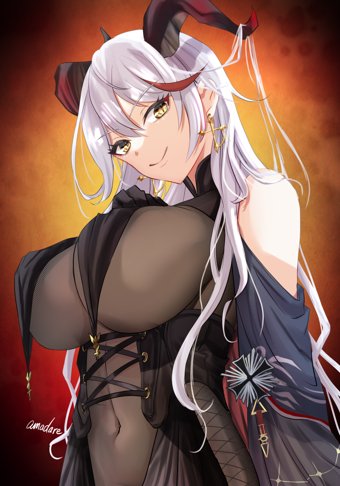 1girl aegir_(azur_lane) amadarel azur_lane bare_shoulders black_cape black_gloves bodystocking breast_curtains breasts cape covered_navel cross cross-laced_clothes cross_earrings demon_horns earrings elbow_gloves eyebrows_visible_through_hair from_below gloves hair_on_horn horns huge_breasts impossible_clothes iron_cross jewelry long_hair looking_at_viewer looking_down multicolored_hair redhead skin_tight smile solo streaked_hair underbust white_hair yellow_eyes