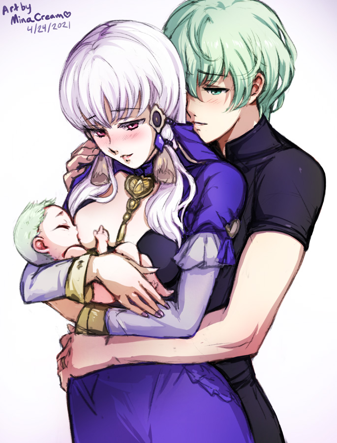 1boy 1girl baby blush breastfeeding byleth_(fire_emblem) byleth_eisner_(male) fire_emblem fire_emblem:_three_houses green_eyes green_hair hair_between_eyes hug if_they_mated long_hair long_sleeves mina_cream shirt short_hair short_sleeves smile white_background white_hair