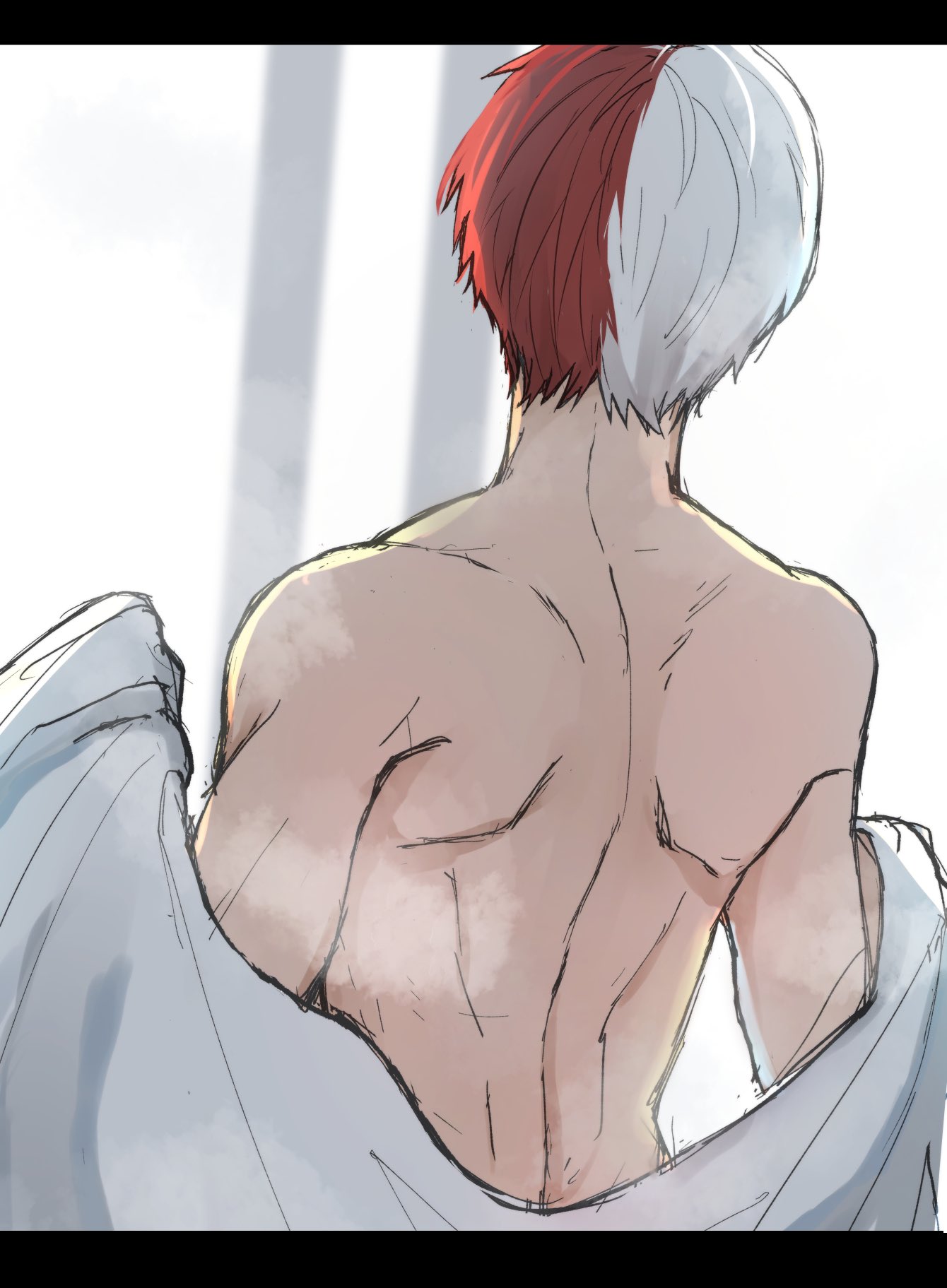 1boy back bare_back boku_no_hero_academia commentary_request facing_away from_behind hands_up highres holding letterboxed male_focus multicolored_hair noizu_(noi_hr) pillarboxed redhead shirtless shoulder_blades solo todoroki_shouto toned toned_male towel two-tone_hair upper_body white_hair