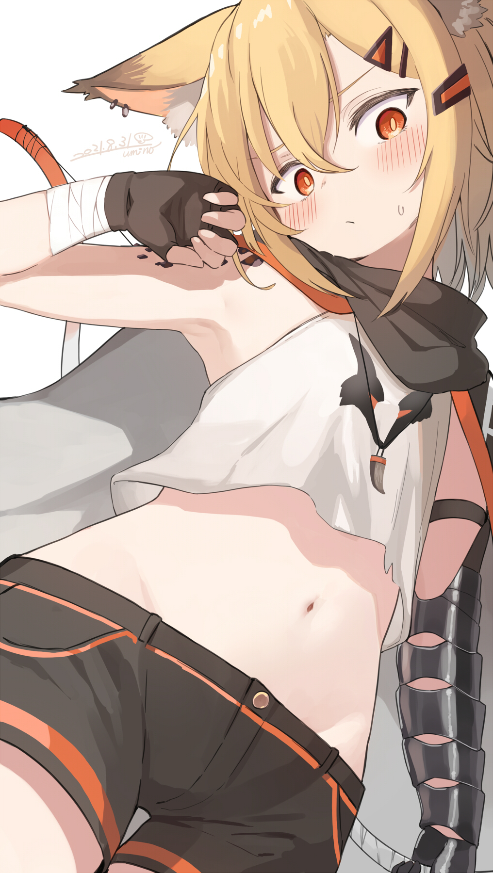 1girl animal_ear_fluff animal_ears arknights black_cape black_gloves black_shorts blonde_hair bow_(weapon) cape crop_top dated fang_necklace fingerless_gloves fox_ears fox_girl gloves hair_between_eyes highres light_blush looking_at_viewer midriff navel oripathy_lesion_(arknights) prosthesis prosthetic_arm red_eyes shirt short_shorts shorts signature simple_background solo strapless strapless_shirt umino_hotate vermeil_(arknights) weapon white_background white_shirt