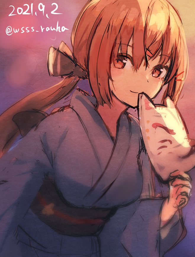 1girl alternate_costume black_bow blue_kimono bow brown_eyes brown_hair commentary_request cowboy_shot dated fox_mask hair_bow holding holding_mask japanese_clothes kantai_collection kimono long_hair looking_at_viewer low_twintails mask smile solo tashkent_(kancolle) twintails twitter_username wss_(nicoseiga19993411) yukata