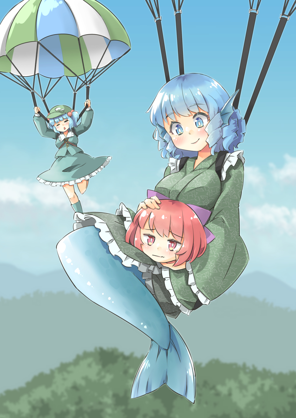 3girls arnest blue_bow blue_eyes blue_footwear blue_hair blue_shirt blue_skirt boots bow closed_mouth commission disembodied_head eyebrows_visible_through_hair flat_cap frilled_kimono frills green_headwear green_kimono hair_bobbles hair_bow hair_ornament hat head_fins highres japanese_clothes kawashiro_nitori key kimono knee_boots long_sleeves mermaid monster_girl multiple_girls parachute red_eyes redhead sekibanki shirt short_hair skeb_commission skirt skirt_set smile tears touhou triangle_mouth twintails wakasagihime wide_sleeves