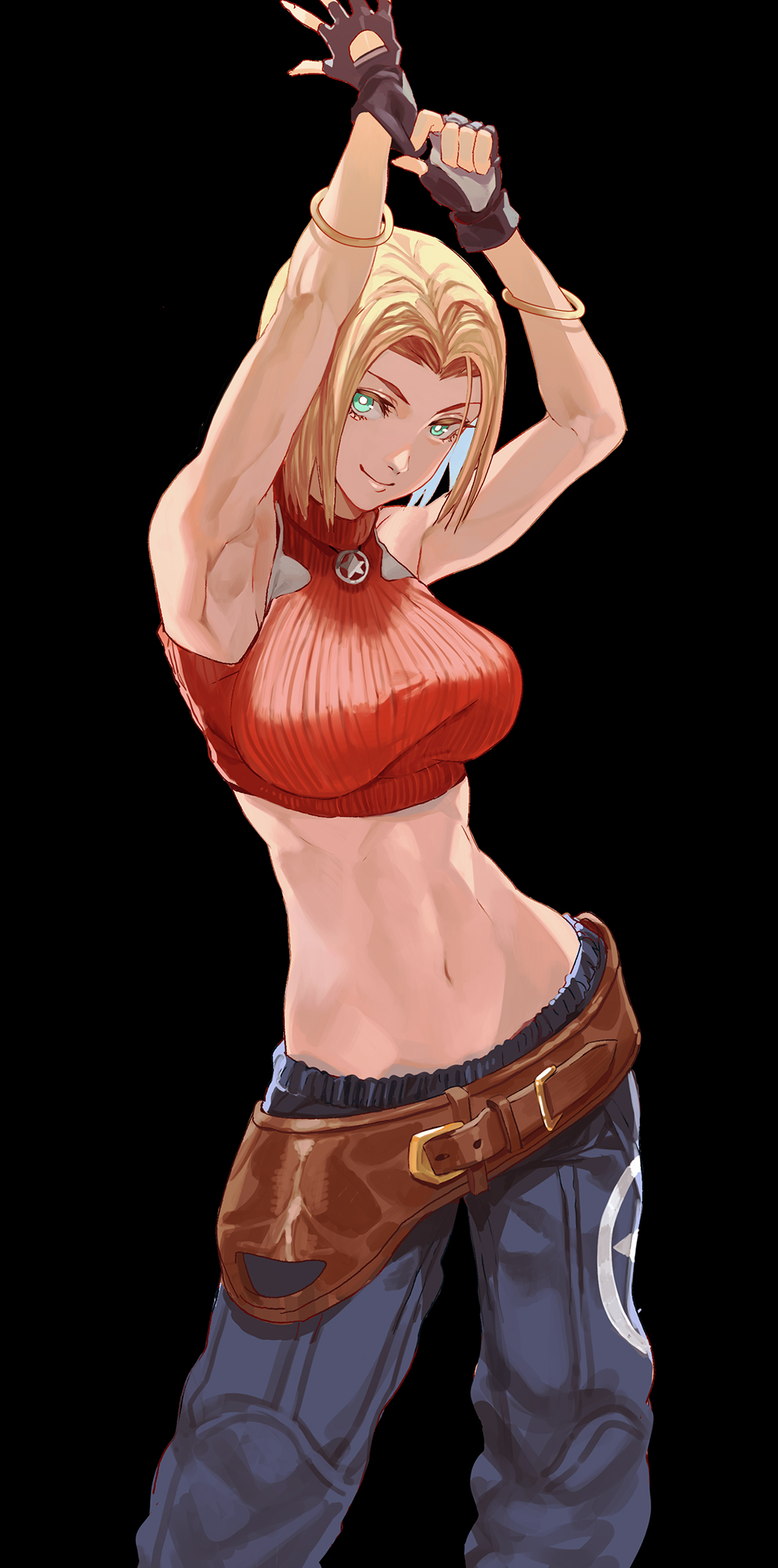 1girl alternate_eye_color aqua_eyes armpits arms_up backlighting baggy_pants bangle bare_shoulders belt beltskirt black_background blonde_hair blue_mary blue_pants bob_cut bracelet breasts bright_pupils closed_mouth contrapposto crop_top eyebrows_behind_hair feet_out_of_frame fingerless_gloves forehead glint gloves gold groin hair_intakes halter_top halterneck highres jewelry laio linea_alba looking_at_viewer loose_belt lowleg lowleg_pants medium_breasts medium_hair midriff muscular muscular_female navel necklace nose pants parted_hair perky_breasts putting_on_gloves red_shirt ribbed_shirt shirt simple_background smile smirk solo star_(symbol) straight_hair taut_clothes taut_shirt the_king_of_fighters the_king_of_fighters_xv turtleneck