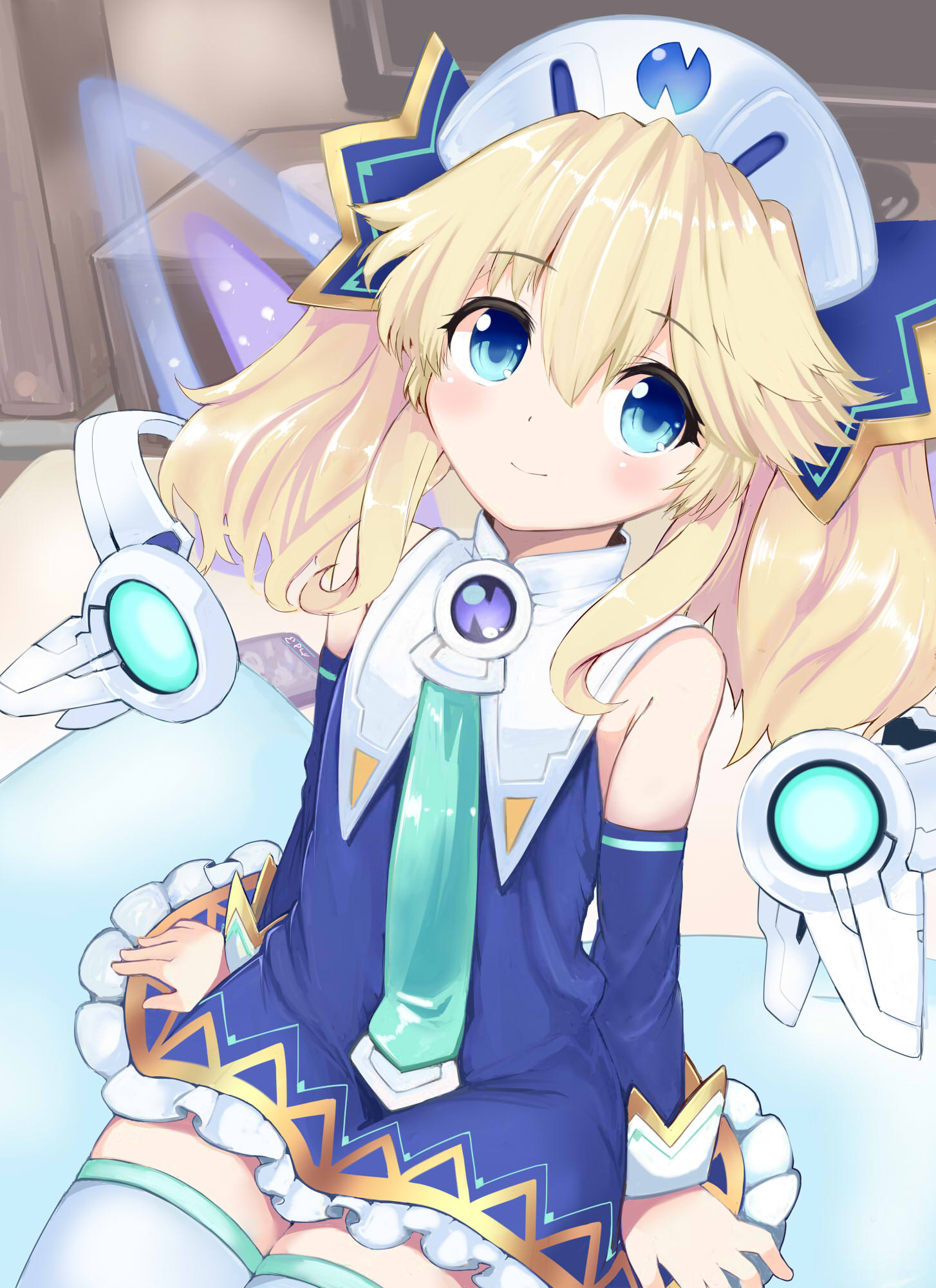 1girl ajitarou_(setsu) bare_shoulders blonde_hair blue_eyes blush book breasts choujigen_game_neptune detached_sleeves dress eyebrows_visible_through_hair hair_ornament hat highres histoire long_hair looking_at_viewer neptune_(series) open_mouth sitting smile solo thigh-highs very_long_hair wings