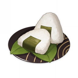artist_request commentary english_commentary food food_focus genshin_impact leaf lowres no_humans official_art onigiri plate rice seaweed still_life third-party_source transparent_background
