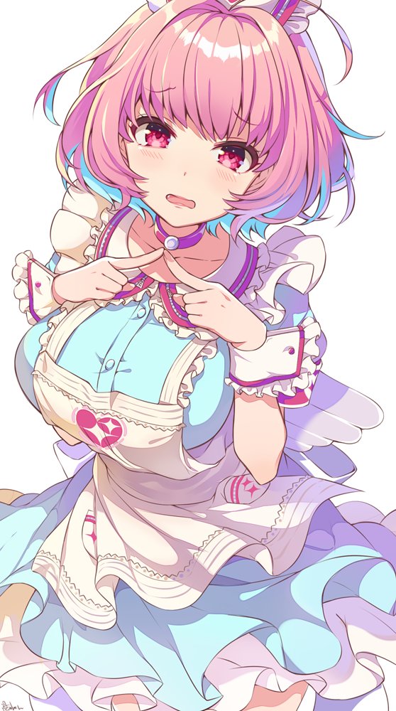 1girl apron bangs blue_hair blue_shirt choker collarbone eyebrows_visible_through_hair fingers_together idolmaster idolmaster_cinderella_girls idolmaster_cinderella_girls_starlight_stage index_fingers_together long_sleeves multicolored_hair open_mouth pink_choker pink_eyes pink_hair ringozaka_mariko shirt short_hair solo two-tone_hair white_apron wrist_cuffs yumemi_riamu