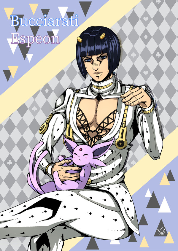 1boy argyle argyle_background bangs black_hair blue_eyes blue_hair bruno_buccellati cleavage_cutout clothing_cutout clover club_(shape) commentary_request crossover diamond_(shape) espeon gen_2_pokemon hair_ornament hairclip heart jacket jojo_no_kimyou_na_bouken kogawa_(kris_386k) male_cleavage male_focus pants pectorals pokemon pokemon_(creature) spade_(shape) triangle white_jacket white_pants