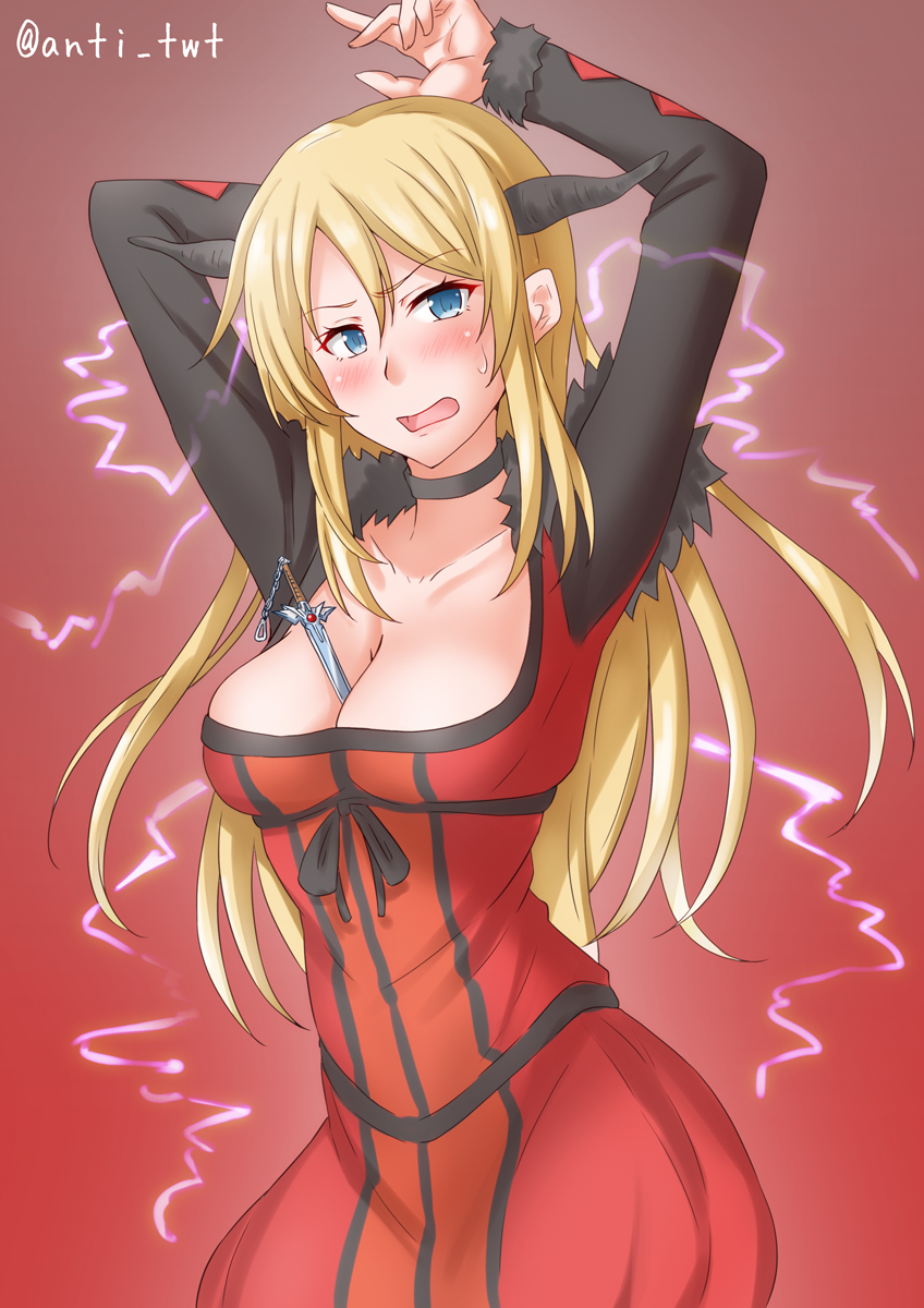1girl anti_(untea9) arms_up blonde_hair blue_eyes breasts choker cosplay cowboy_shot demon_girl demon_horns dress highres horns kantai_collection large_breasts long_hair maou_(maoyuu) maou_(maoyuu)_(cosplay) maoyuu_maou_yuusha nelson_(kancolle) one-hour_drawing_challenge red_dress solo sword weapon