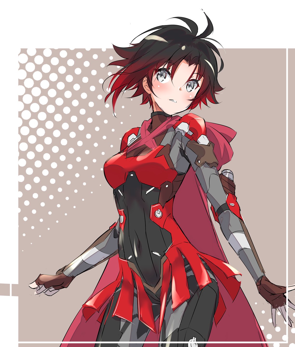 1girl alternate_costume armor armored_skirt black_hair bodysuit boots breasts cape cowboy_shot english_commentary fingerless_gloves gloves grey_eyes highres iesupa parted_lips power_armor red_armor red_cape redhead ruby_rose rwby short_hair shoulder_armor solo