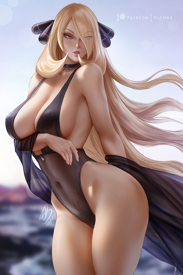 1girl beach bikini black_swimsuit blonde_hair breasts choker commentary covered_navel cowboy_shot cynthia_(pokemon) english_commentary floating_hair grey_eyes hair_ornament large_breasts lips long_hair looking_to_the_side olchas parted_lips patreon_username pokemon pokemon_(game) pokemon_dppt see-through_sleeves small_head solo swimsuit very_long_hair wide_hips