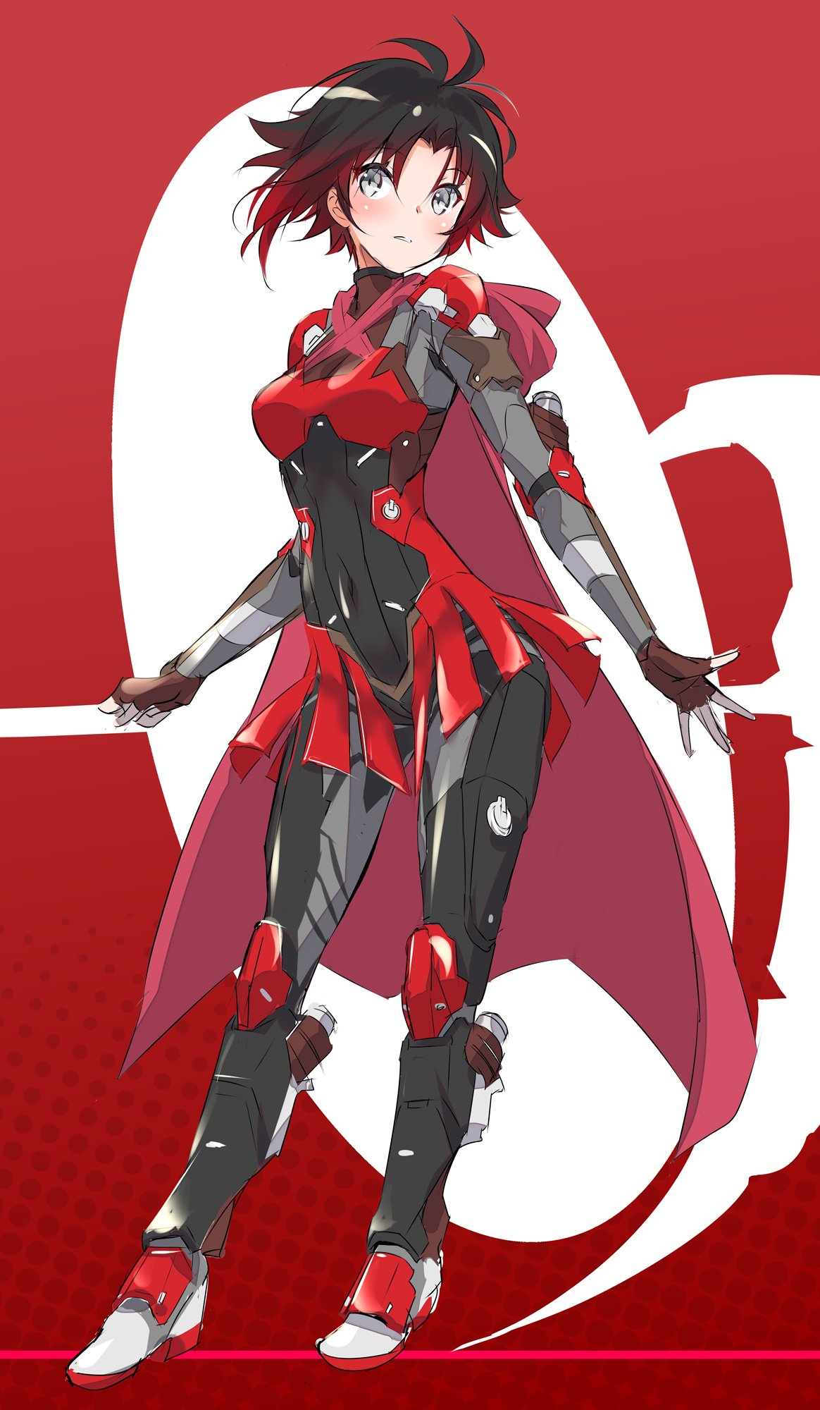 1girl alternate_costume armor armored_boots armored_skirt black_hair bodysuit boots breasts cape english_commentary fingerless_gloves full_body gloves grey_eyes highres iesupa parted_lips power_armor red_armor red_cape redhead ruby_rose rwby short_hair shoulder_armor silhouette solo