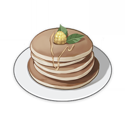 artist_request berry commentary dessert english_commentary food food_focus genshin_impact leaf lowres mint muted_color no_humans official_art pancake plate still_life third-party_source transparent_background