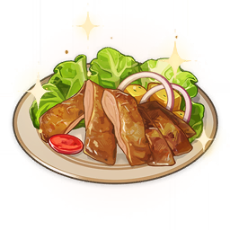 artist_request chicken_(food) commentary english_commentary food food_focus genshin_impact lettuce lowres no_humans official_art onion plate potato sparkle still_life third-party_source tomato tomato_slice transparent_background