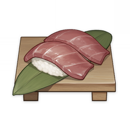 artist_request commentary english_commentary fish food food_focus genshin_impact leaf lowres muted_color no_humans official_art rice shiny still_life sushi third-party_source transparent_background tuna wood