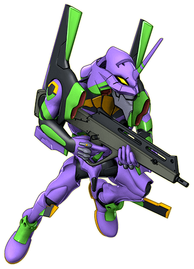 3d chibi eva_01 gun holding holding_gun holding_weapon horns looking_ahead mecha neon_genesis_evangelion no_humans official_art rebuild_of_evangelion single_horn solo super_robot_wars super_robot_wars_dd transparent_background trigger_discipline weapon yellow_eyes