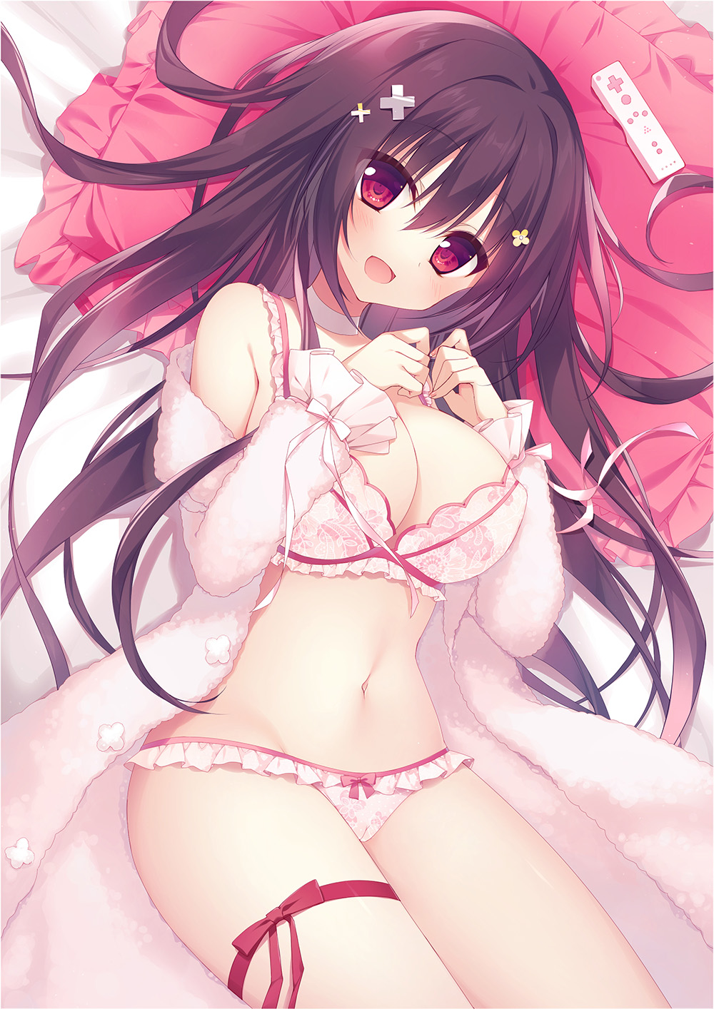 bra breasts controller frilled_bra frills hair_ornament hairpin highres huge_breasts lace lace_bra large_breasts long_hair looking_at_viewer matsumiya_kiseri original panties pink_bra pink_panties remote_control ribbon smile underwear very_long_hair