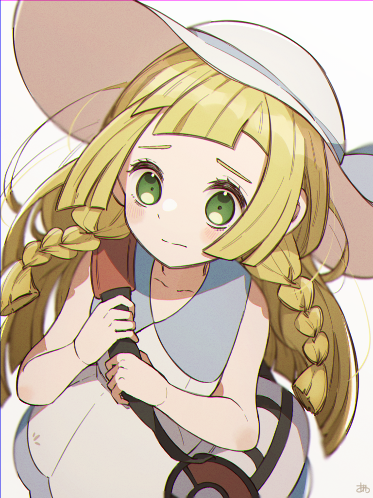 1girl bag bangs bare_arms blonde_hair blush braid closed_mouth collarbone commentary_request dress duffel_bag eyelashes green_eyes hands_up hat holding_strap kenshi_(ne5_a2) lillie_(pokemon) long_hair pokemon pokemon_(game) pokemon_sm sleeveless sleeveless_dress solo twin_braids white_bag white_dress