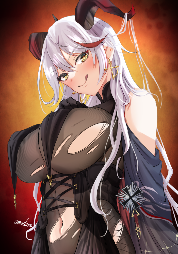 1girl :q aegir_(azur_lane) amadarel azur_lane bare_shoulders black_cape black_gloves blush bodystocking breast_curtains breasts cape covered_navel cross cross-laced_clothes cross_earrings demon_horns earrings elbow_gloves eyebrows_visible_through_hair from_below gloves hair_on_horn horns huge_breasts impossible_clothes iron_cross jewelry long_hair looking_at_viewer looking_down multicolored_hair redhead skin_tight smile solo streaked_hair tongue tongue_out torn_bodystocking torn_clothes underbust white_hair yellow_eyes