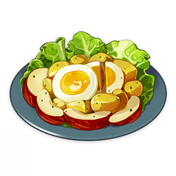 apple artist_request commentary egg english_commentary food food_focus fruit genshin_impact lettuce lowres no_humans official_art plate potato salad still_life third-party_source transparent_background
