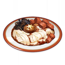 artist_request commentary english_commentary food food_focus genshin_impact lowres meat mushroom no_humans noodles official_art plate still_life third-party_source transparent_background