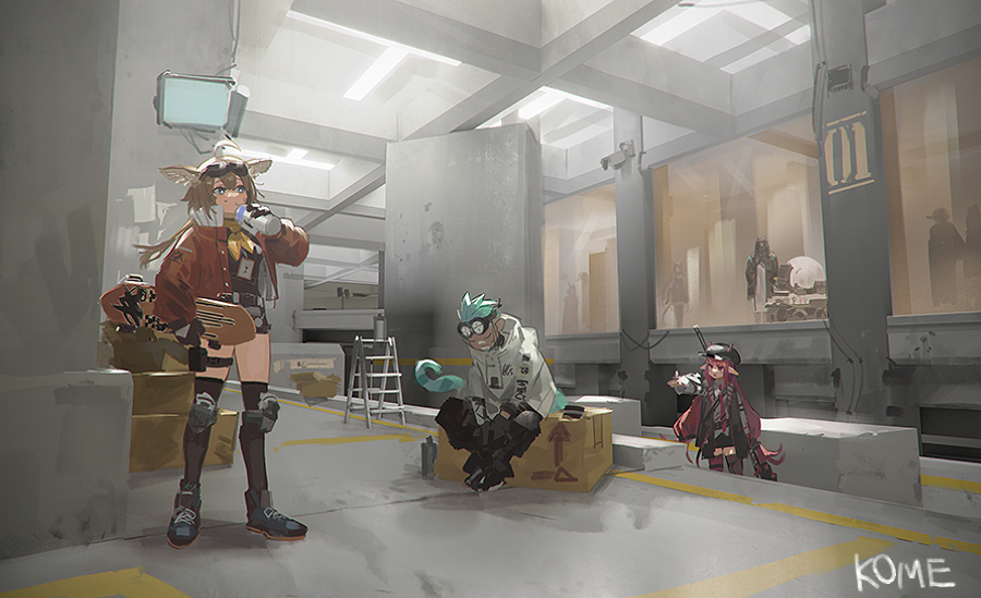 1boy 2girls 2others aciddrop_(arknights) ahoge arknights artist_name black_legwear blue_hair bottle box brown_hair crown dark-skinned_male dark_skin doctor_(arknights) drinking ethan_(arknights) eyewear_on_head frischenq goggles head_wings holding holding_bottle holding_polearm holding_skateboard holding_weapon horns horns_through_headwear indoors infection_monitor_(arknights) jacket knee_pads ladder lancet-2_(arknights) lizard_tail long_hair multiple_girls multiple_others neckerchief pointy_ears polearm red_jacket redhead short_hair sitting sitting_on_box skateboard symbol-only_commentary tail thigh-highs very_long_hair vigna_(arknights) water_bottle weapon white_jacket yellow_neckwear