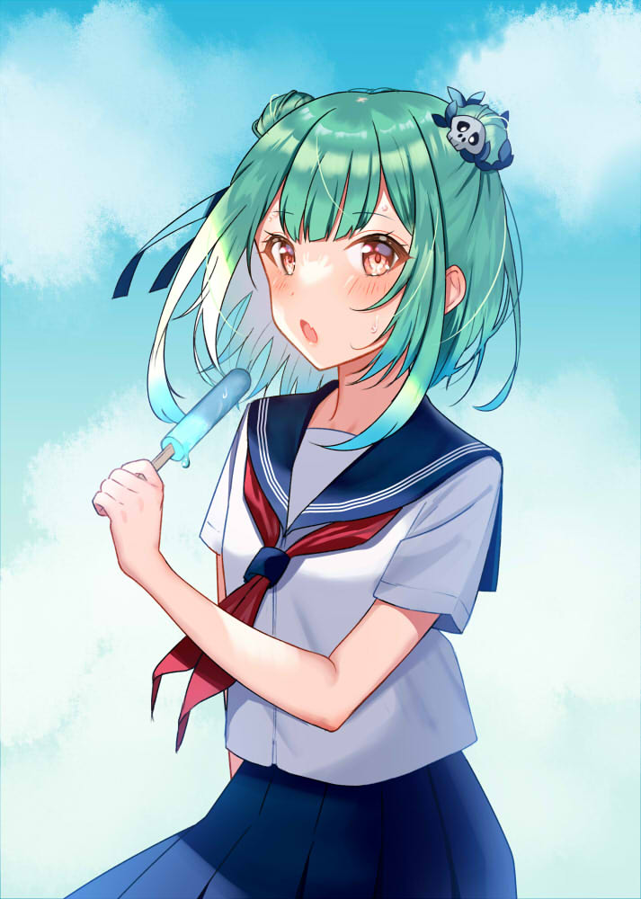 1girl bangs blue_sailor_collar blue_skirt blue_sky brown_eyes clouds cloudy_sky commentary_request day double_bun eyebrows_visible_through_hair fang food green_hair hair_ornament holding holding_food hololive looking_at_viewer minatoasu neckerchief open_mouth outdoors pleated_skirt popsicle red_neckwear sailor_collar school_uniform serafuku shirt short_sleeves skirt skull_hair_ornament sky solo summer uruha_rushia virtual_youtuber white_shirt