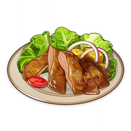 artist_request chicken_(food) commentary english_commentary food food_focus genshin_impact lettuce lowres no_humans official_art onion plate potato still_life third-party_source tomato tomato_slice transparent_background