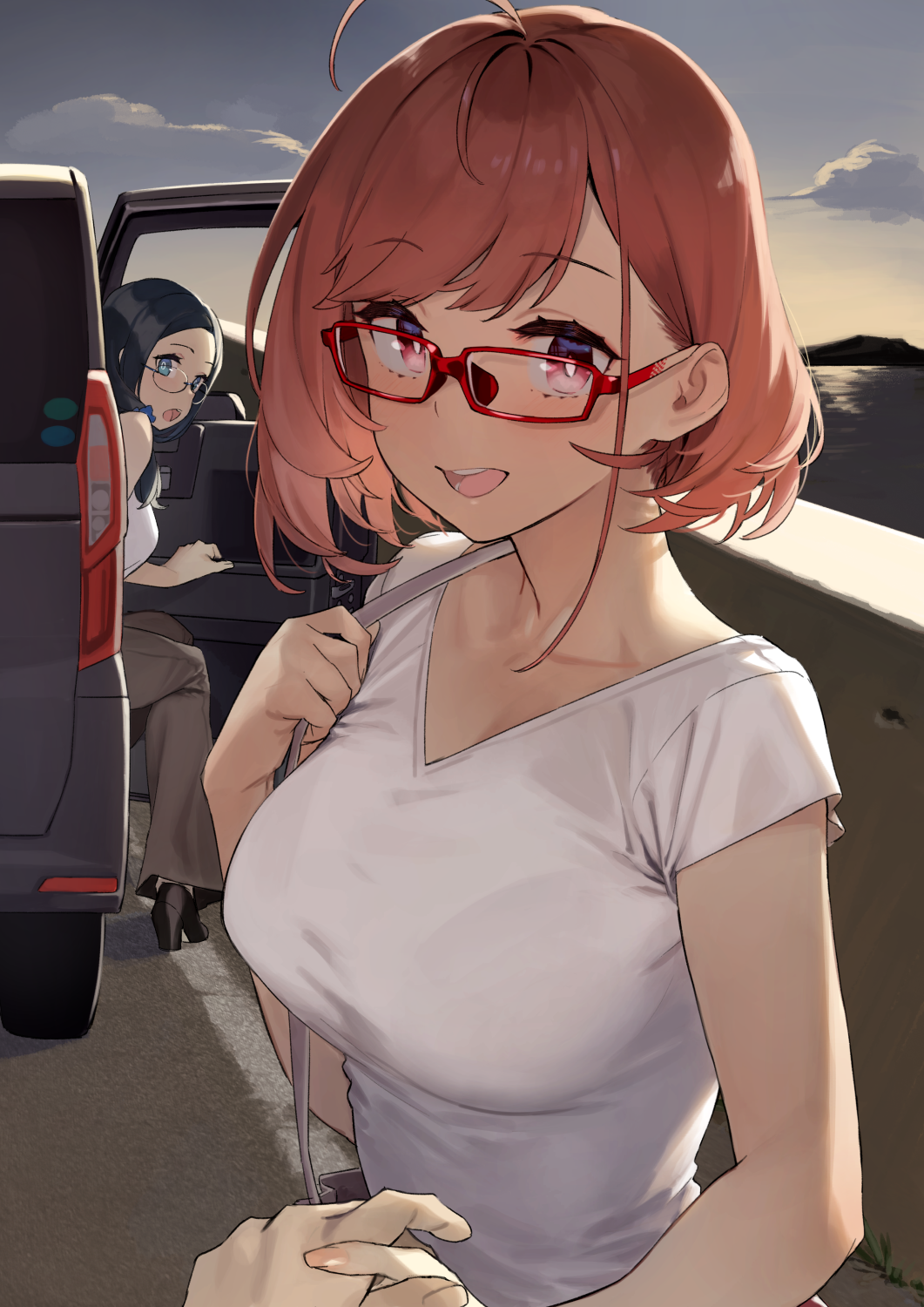 2girls 92m ahoge black_hair blue_eyes breasts clouds collarbone commentary_request eyebrows_visible_through_hair fingernails glasses highres holding_hands large_breasts looking_at_viewer multiple_girls open_mouth original outdoors red-framed_eyewear red_eyes redhead shirt short_hair short_sleeves sky white_shirt