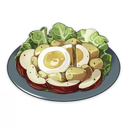 apple artist_request commentary egg english_commentary food food_focus fruit genshin_impact lettuce lowres muted_color no_humans official_art plate potato salad still_life third-party_source transparent_background
