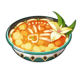 a_buoyant_breeze_(genshin_impact) artist_request bowl carrot commentary english_commentary flower food food_focus genshin_impact heart lowres no_humans official_art onion potato soup still_life third-party_source transparent_background white_flower