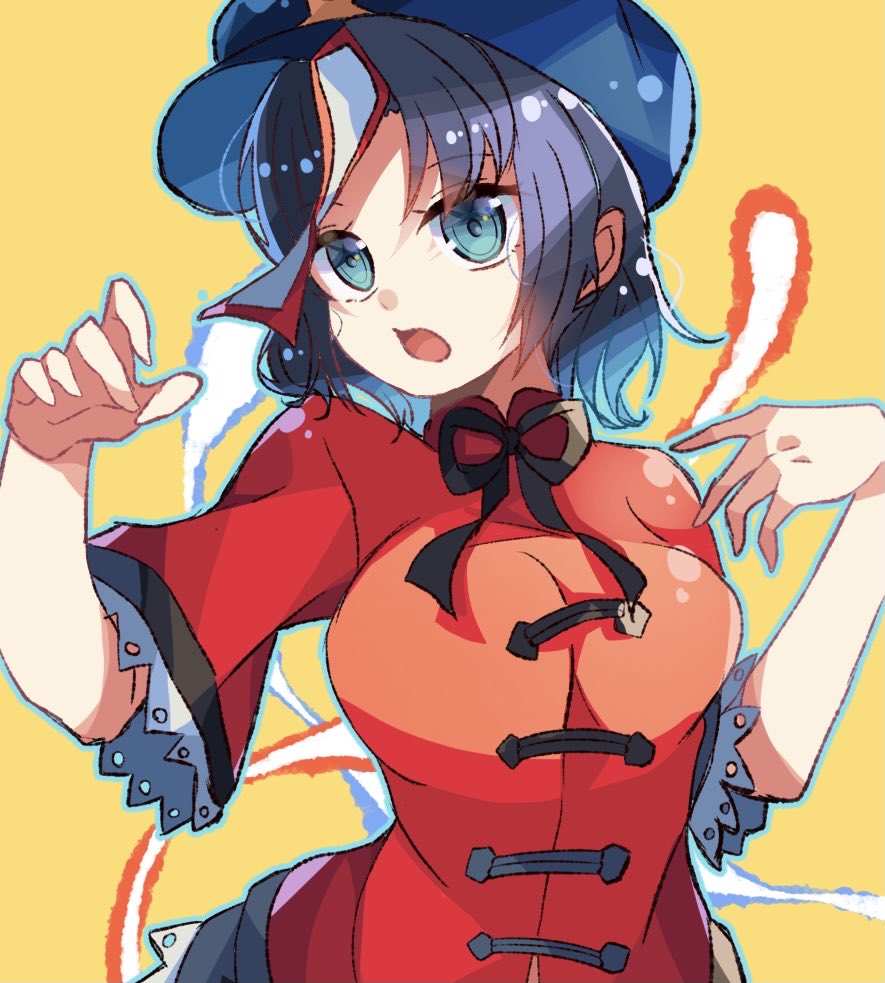 1girl bangs black_hair black_neckwear black_ribbon black_skirt blue_eyes breasts cabbie_hat chinese_clothes commentary_request hat hat_ornament jiangshi lace-trimmed_sleeves lace_trim large_breasts looking_at_viewer meimei_(meimei89008309) miyako_yoshika ofuda open_mouth purple_headwear red_shirt ribbon shirt short_hair short_sleeves skirt solo star_(symbol) star_hat_ornament tangzhuang touhou upper_body yellow_background