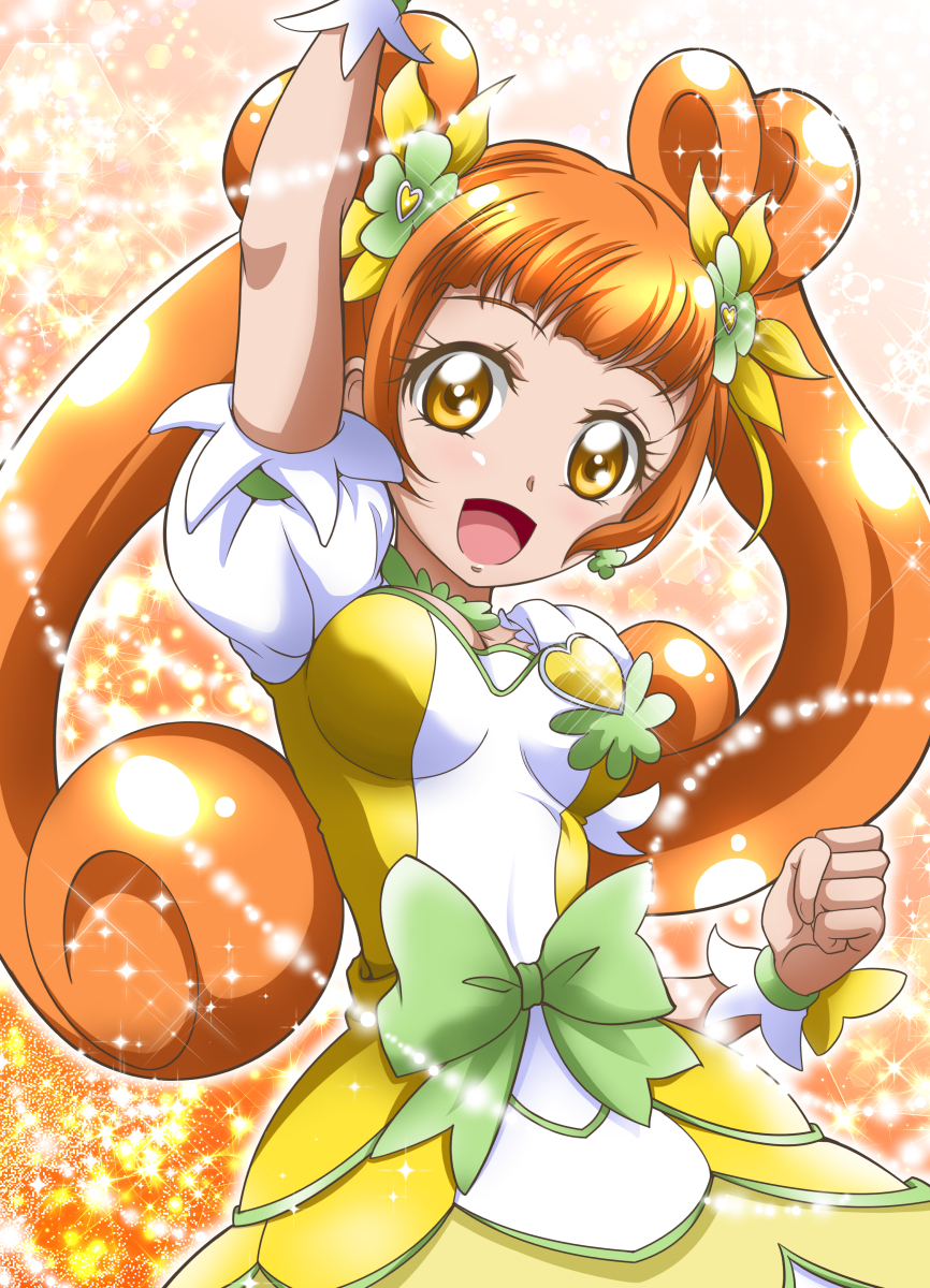 1girl :d arm_up bow breasts brown_hair choker clenched_hand clover_earrings cure_rosetta dokidoki!_precure dress floating_hair green_bow green_choker hair_bow hanzou highres layered_dress long_hair medium_breasts open_mouth precure shiny shiny_hair short_sleeves smile solo standing twintails very_long_hair white_sleeves yellow_dress yellow_eyes