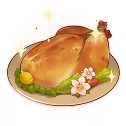 artist_request bell_pepper chicken_(food) commentary english_commentary flower food food_focus fruit genshin_impact lemon lowres no_humans official_art peas pepper plate sparkle still_life third-party_source transparent_background white_flower