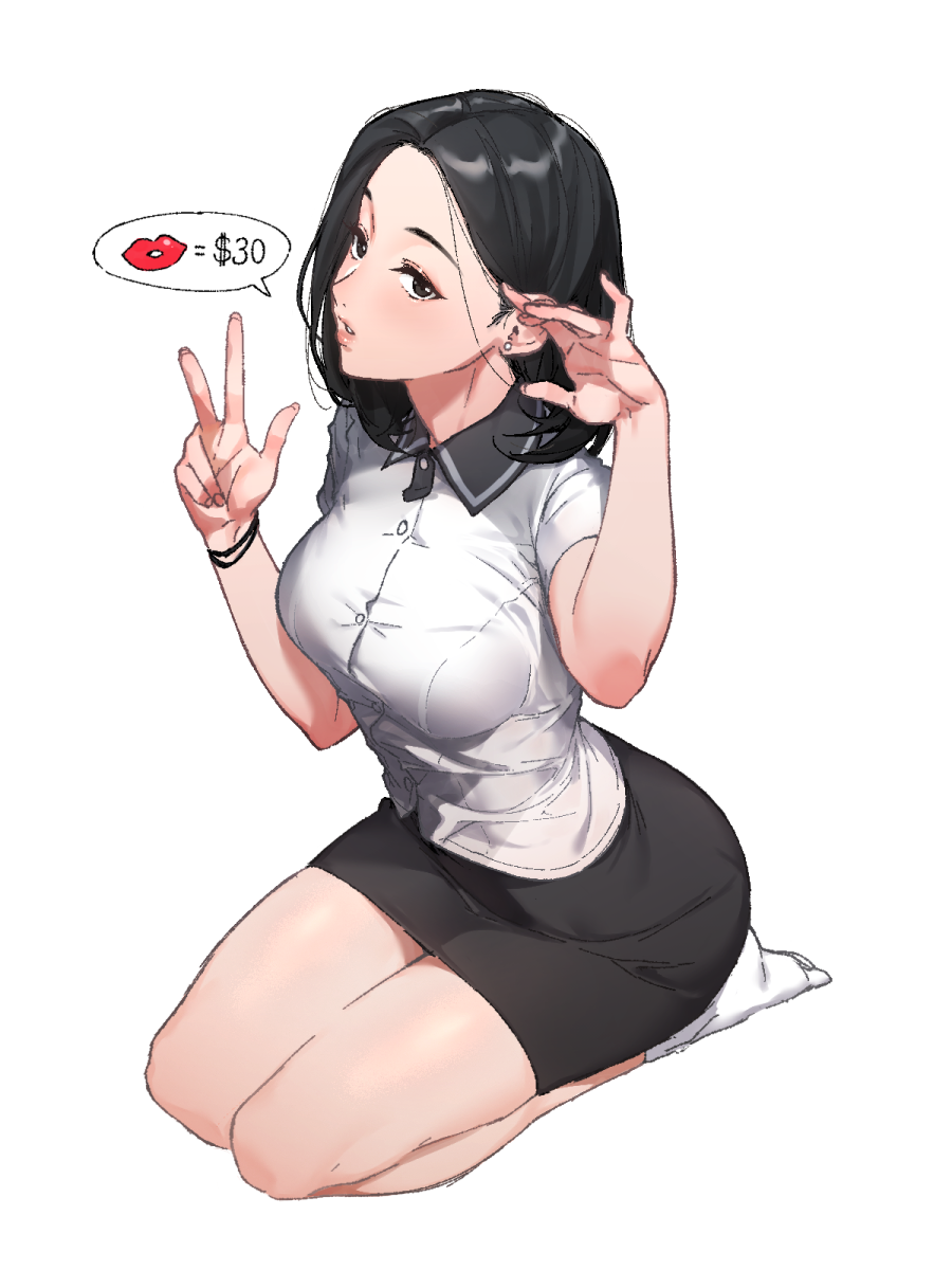 1girl adjusting_hair black_eyes black_hair black_skirt bracelet breasts collared_shirt commentary_request dollar_sign earrings from_side full_body hands_up highres jewelry k52 korean_commentary lips looking_at_viewer medium_breasts medium_hair original parted_lips pencil_skirt prostitution seiza shirt sitting skirt socks solo speech_bubble w white_legwear white_shirt