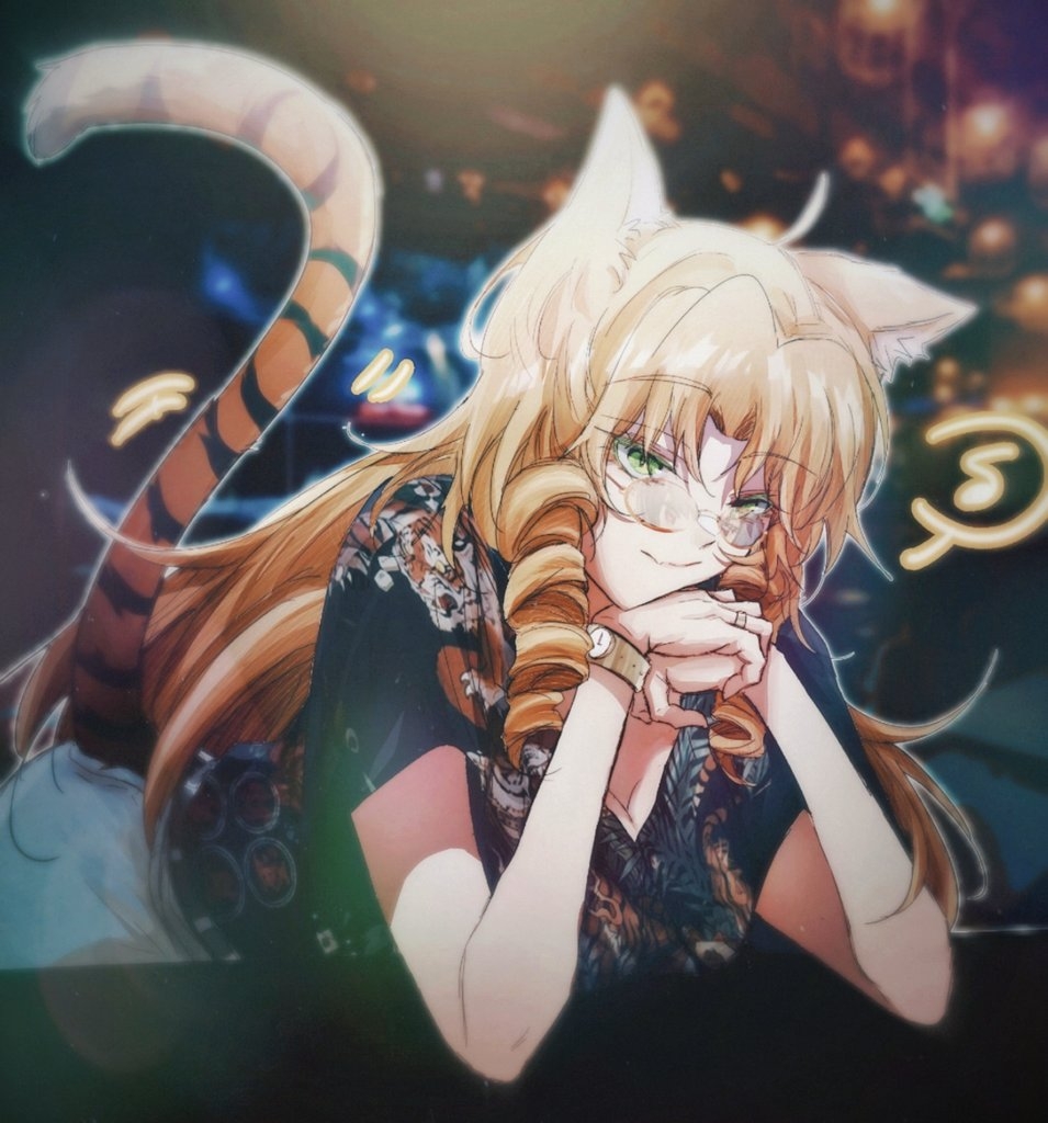 1girl ahoge animal_ears arknights bespectacled black_shirt commentary drill_hair eighth_note eyebrows_visible_through_hair glasses green_eyes head_rest long_hair looking_at_viewer musical_note official_alternate_costume orange_hair shirt solo spoken_musical_note swire_(arknights) tail tiger_ears tiger_girl tiger_tail twin_drills watch watch wu_you