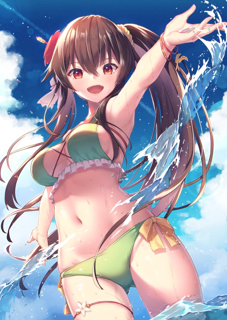 .live 1girl :d bangs bikini blue_sky bow breasts brown_hair clouds commentary_request cowboy_shot eyebrows_visible_through_hair flower frilled_bikini frills from_below green_bikini gyuunyuu_bin hair_between_eyes hair_flower hair_ornament hair_scrunchie hibiscus long_hair looking_at_viewer medium_breasts navel open_mouth outdoors outstretched_arms red_eyes red_flower scrunchie sky smile solo standing stomach swimsuit thigh_strap twintails very_long_hair virtual_youtuber wading water wet wrist_cuffs yaezawa_natori yellow_bow