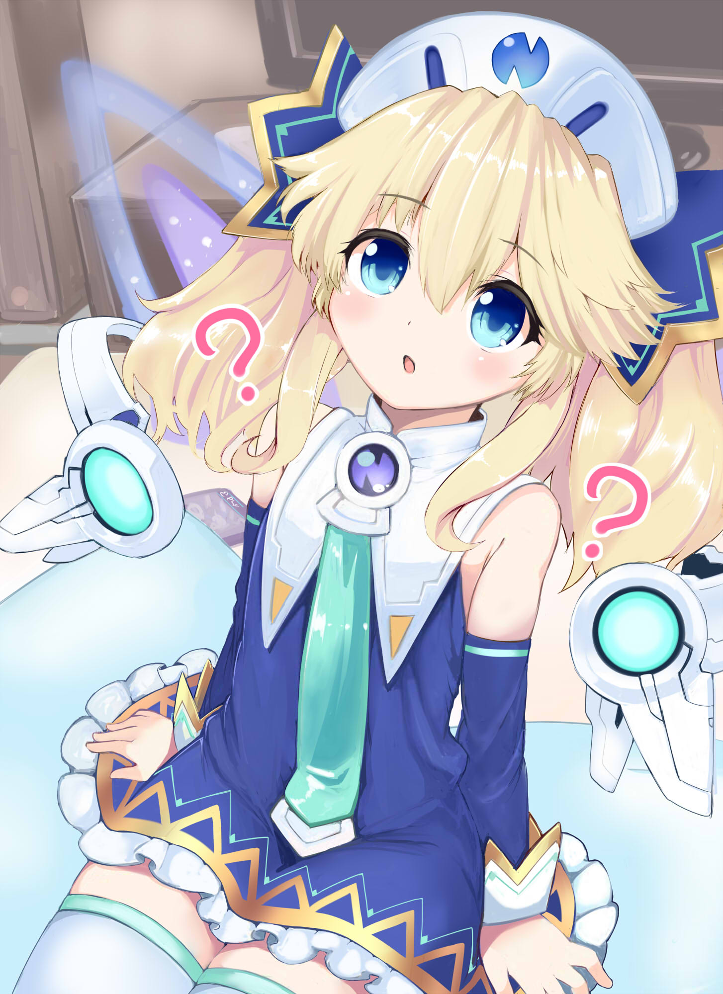 1girl ? ajitarou_(setsu) bare_shoulders blonde_hair blue_eyes blush book breasts choujigen_game_neptune confused detached_sleeves dress eyebrows_visible_through_hair hair_ornament hat highres histoire long_hair neptune_(series) open_mouth sitting solo thigh-highs very_long_hair wings