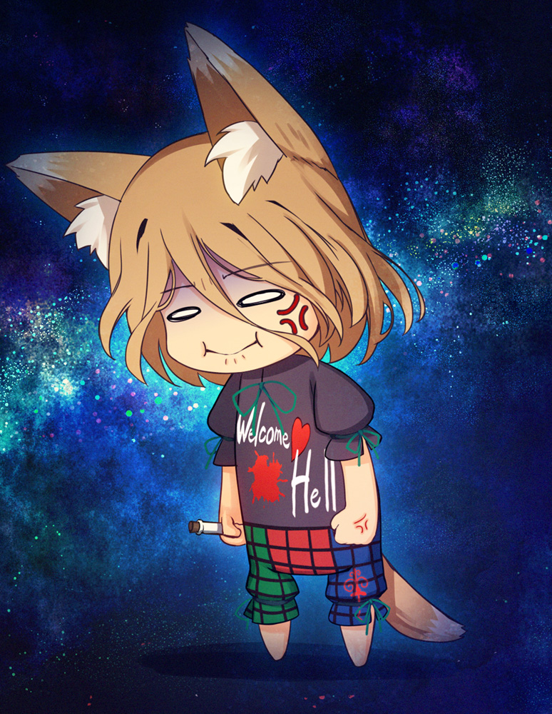 1girl anger_vein angry animal_ear_fluff animal_ears black_shirt blonde_hair chima_q clothes_writing cosplay eyebrows_visible_through_hair fox_ears fox_tail hair_between_eyes hecatia_lapislazuli hecatia_lapislazuli_(cosplay) kudamaki_tsukasa multicolored multicolored_clothes pout shirt solid_oval_eyes space t-shirt tail test_tube touhou