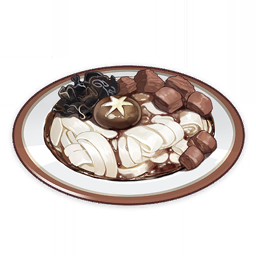 artist_request commentary english_commentary food food_focus genshin_impact lowres meat mushroom muted_color no_humans noodles official_art plate still_life third-party_source transparent_background