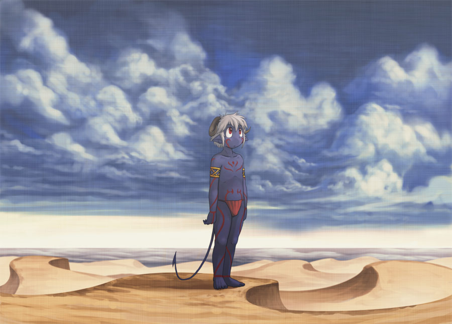 1boy armlet bangs bodypaint closed_mouth clouds cloudy_sky colored_skin commentary_request curled_horns demon_boy demon_horns demon_tail desert full_body fundoshi horns japanese_clothes looking_up outdoors pixiv_fantasia pixiv_fantasia_1 pointy_ears purple_skin red_eyes sand scenery shirtless short_hair sky solo standing tail white_hair white_horns yukiman