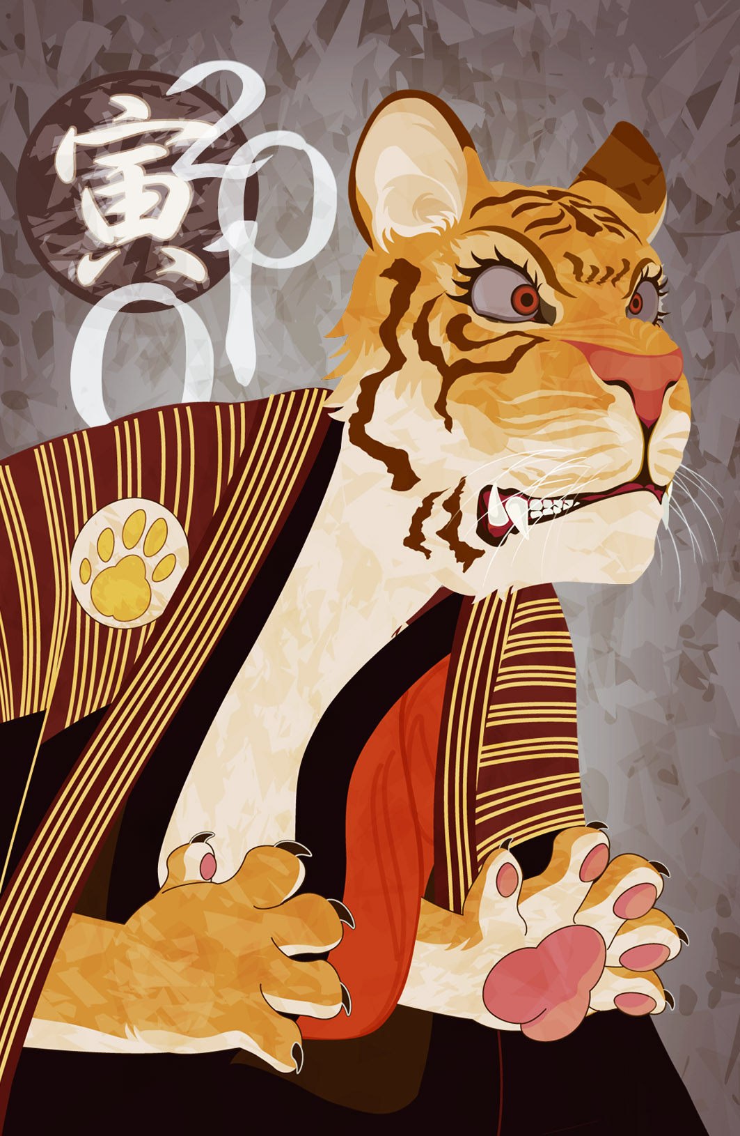 2010 brown_kimono chinese_zodiac clenched_teeth commentary_request feet_out_of_frame fine_art_parody grey_background highres japanese_clothes kimono nihonga no_humans otani_oniji_iii_as_yakko_edobei parody paw_print teeth tiger ukiyo-e year_of_the_tiger yukiman