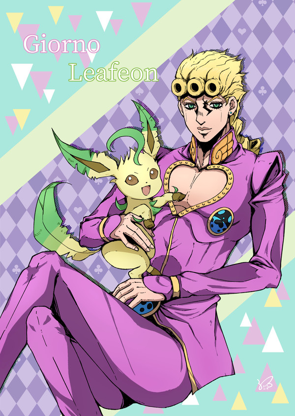 1boy ahoge argyle argyle_background blonde_hair bug cleavage_cutout clothing_cutout clover club_(shape) commentary_request crossover diamond_(shape) earrings gen_4_pokemon giorno_giovanna heart huge_ahoge jacket jewelry jojo_no_kimyou_na_bouken kogawa_(kris_386k) ladybug leafeon male_cleavage male_focus pants pectorals pink_jacket pink_pants pokemon pokemon_(creature) spade_(shape) stud_earrings tail triangle wings