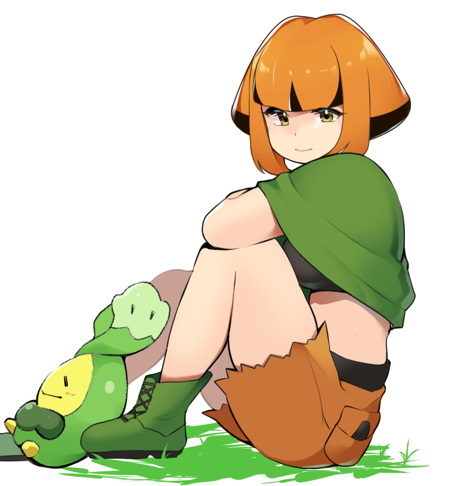 1girl arm_on_knee bangs belt black_belt black_hair black_shirt boots budew commentary_request cutoffs dot_nose from_side gardenia_(pokemon) gen_4_pokemon green_footwear looking_at_viewer midriff mituyota_76 multicolored_hair on_ground orange_eyes orange_hair pokemon pokemon_(creature) pokemon_(game) pokemon_dppt poncho shirt shorts sidelocks simple_background solo_focus two-tone_hair white_background