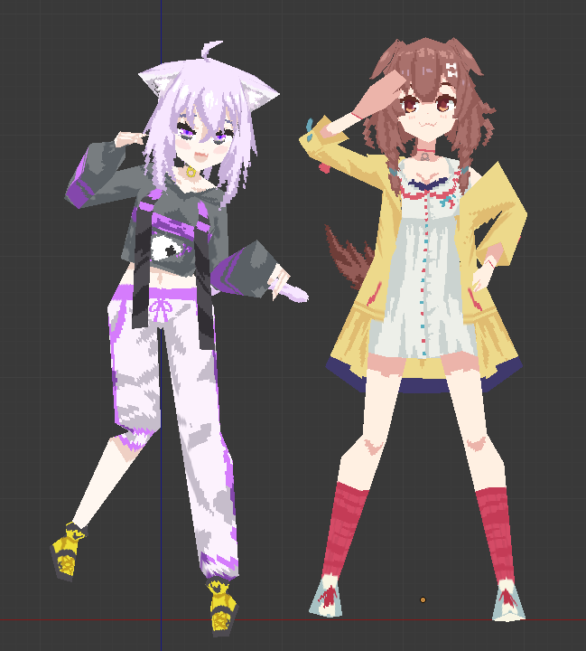 2girls 3d :3 animal_ears animal_hands animated black_hoodie breasts cat_ears cat_paws chained_tan cropped_hoodie dog_ears dog_girl dog_tail dress english_commentary hololive hood hoodie inugami_korone looking_to_the_side low_poly medium_breasts multiple_girls navel nekomata_okayu pants purple_hair salute short_hair smile sweater tail video violet_eyes virtual_youtuber white_dress white_pants yellow_sweater