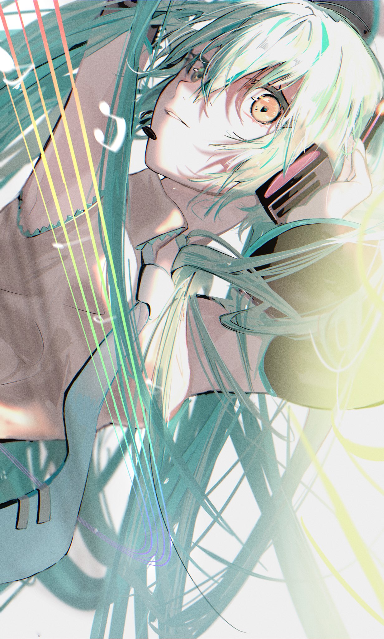aqua_eyes aqua_hair aqua_neckwear arm_up bangs detached_sleeves eyebrows_visible_through_hair hand_on_headset hatsune_miku headset highres light long_hair looking_at_viewer music musical_note necktie open_mouth shirt simple_background smile solo standing sushineko8 twintails upper_body vocaloid white_background white_shirt