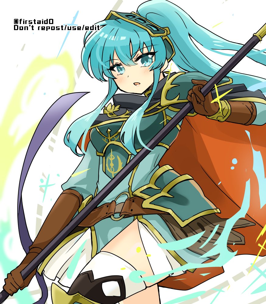 1girl aqua_eyes aqua_hair armor bangs belt breastplate brown_gloves cape cosplay eirika_(fire_emblem) ephraim_(fire_emblem) ephraim_(fire_emblem)_(cosplay) eyebrows_visible_through_hair fire_emblem fire_emblem:_the_sacred_stones fire_emblem_heroes gloves holding holding_lance holding_polearm holding_weapon lance long_hair looking_at_viewer official_alternate_costume polearm ponytail shoulder_armor sidelocks skirt solo thigh-highs twitter_username very_long_hair weapon white_background yukia_(firstaid0)