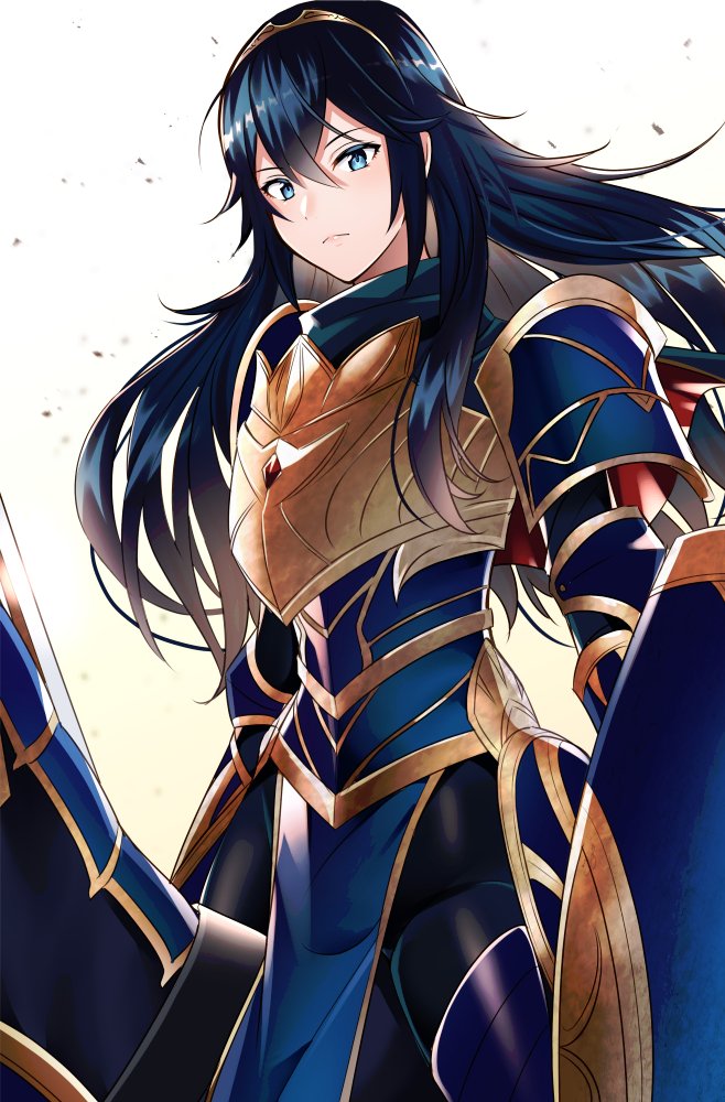 1girl alternate_costume ameno_(a_meno0) armor blue_eyes blue_hair falchion_(fire_emblem) fire_emblem fire_emblem_awakening frown hair_between_eyes long_hair looking_at_viewer lucina_(fire_emblem) pelvic_curtain solo sword symbol-shaped_pupils tiara weapon